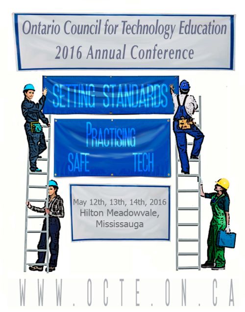 drawing of four people on ladders putting up a banner with the 2016 OCTE conference title