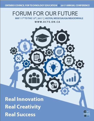 drawing of many gears on a light blue background and the OCTE 2017 conference title